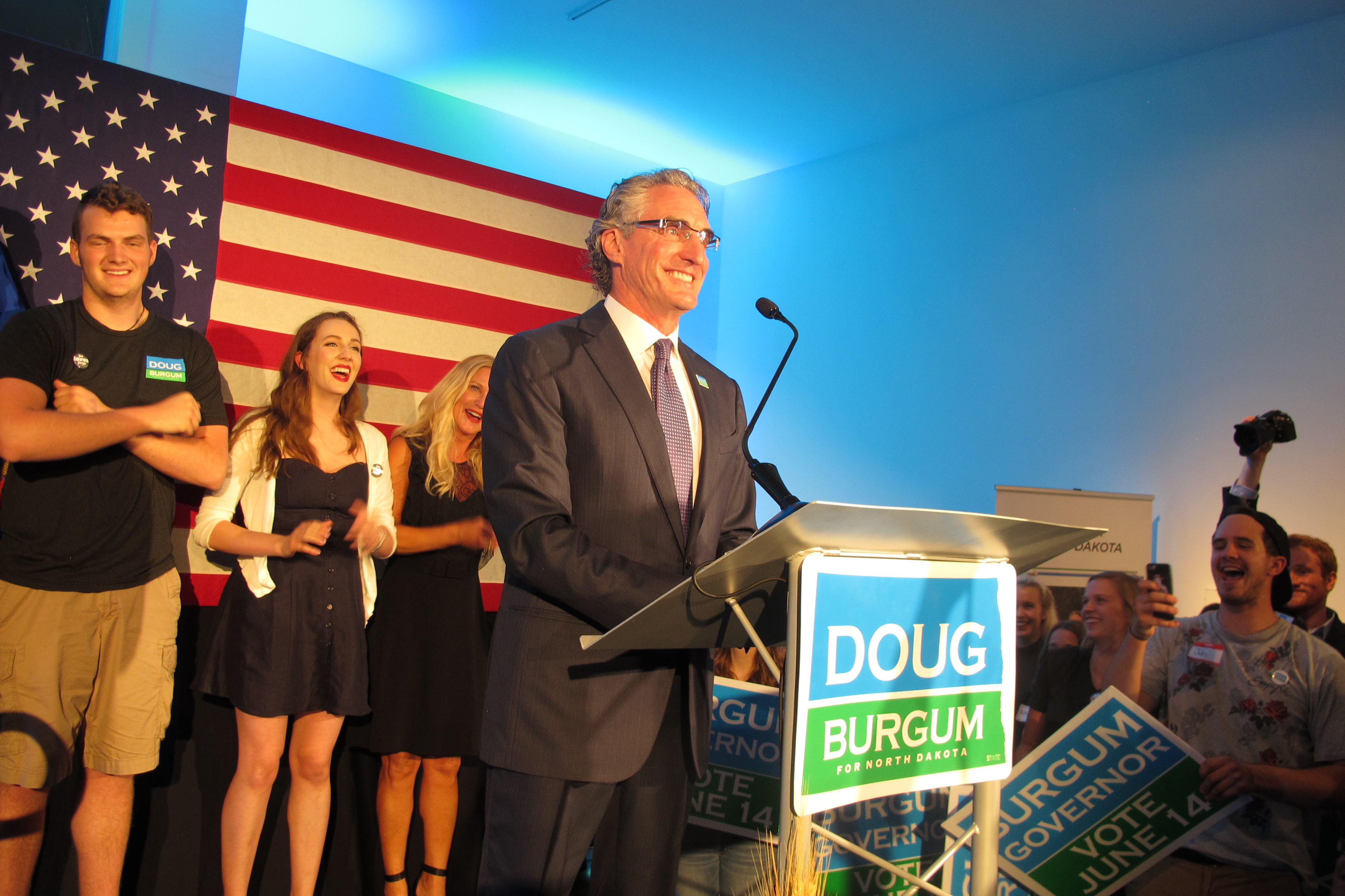Republican governor candidate Doug Burgum talks to supporters.