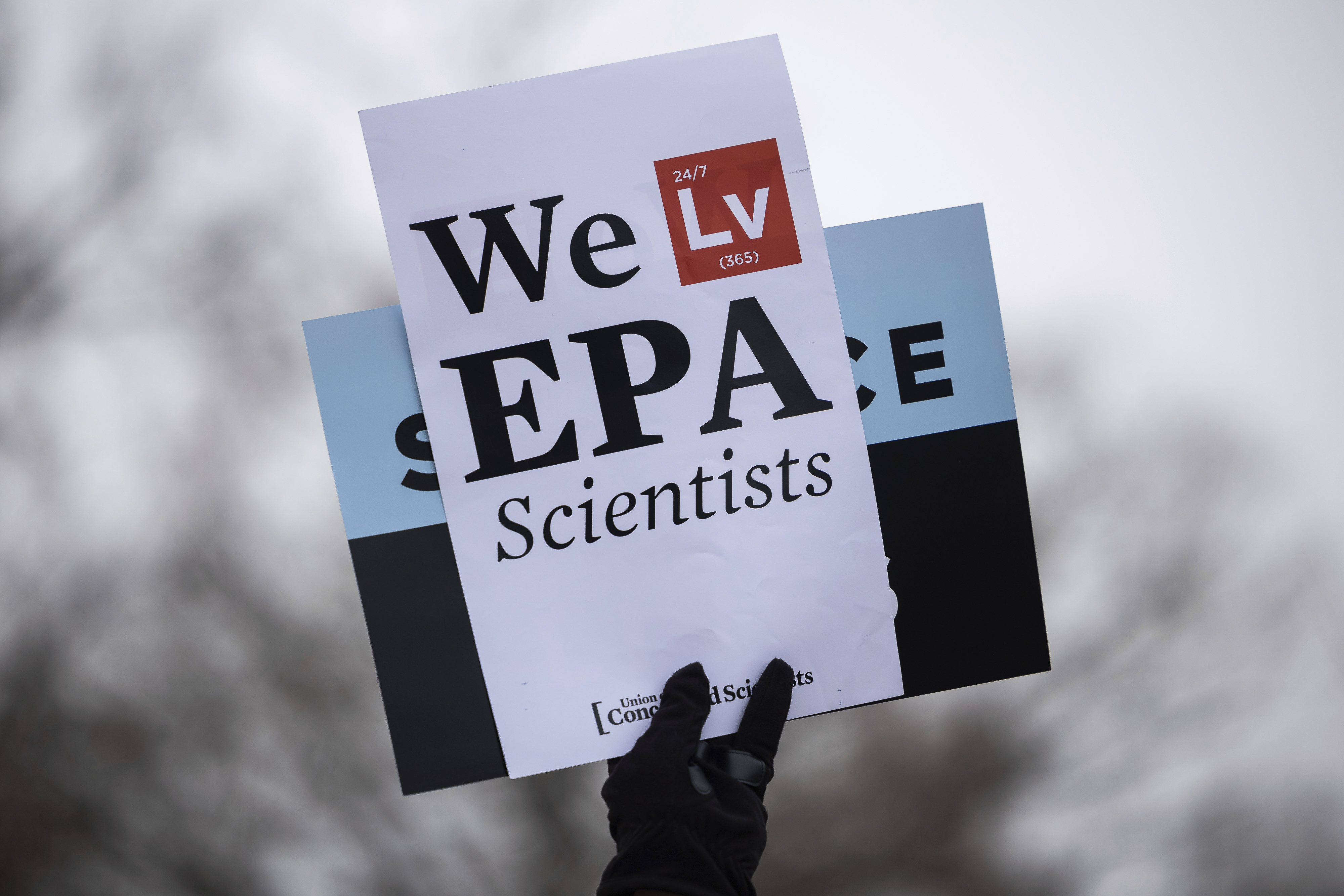 A person holds up a sign supporting EPA scientists during a "Rally to Save the Civil Service."